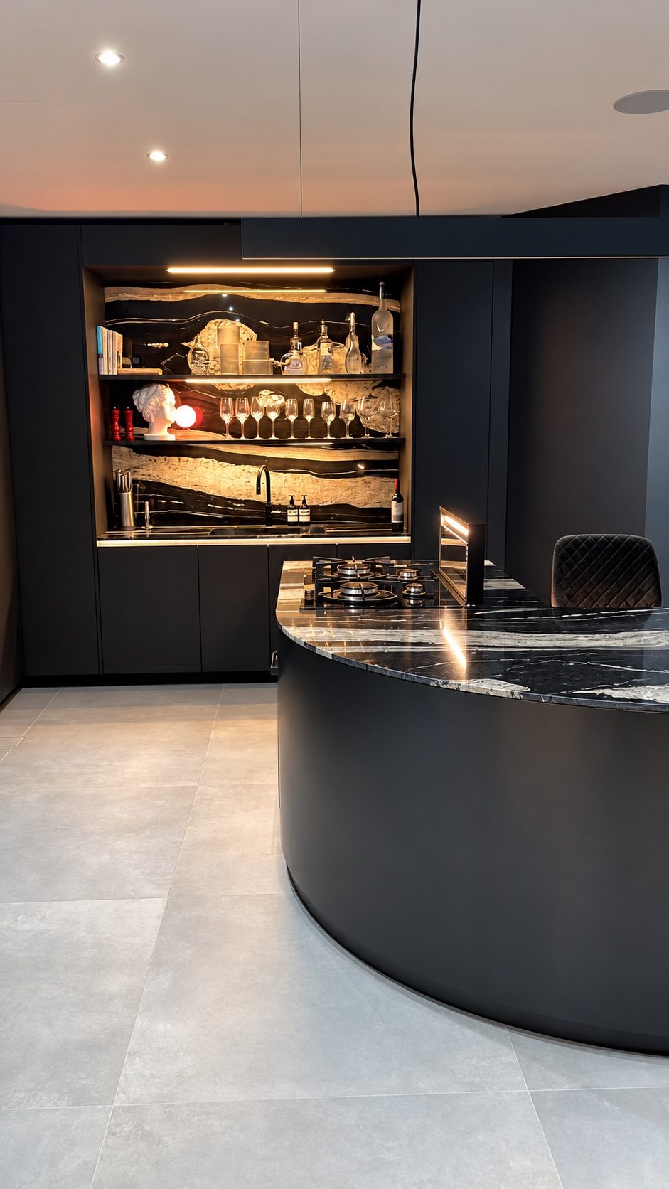 Kitchen with bar beyond